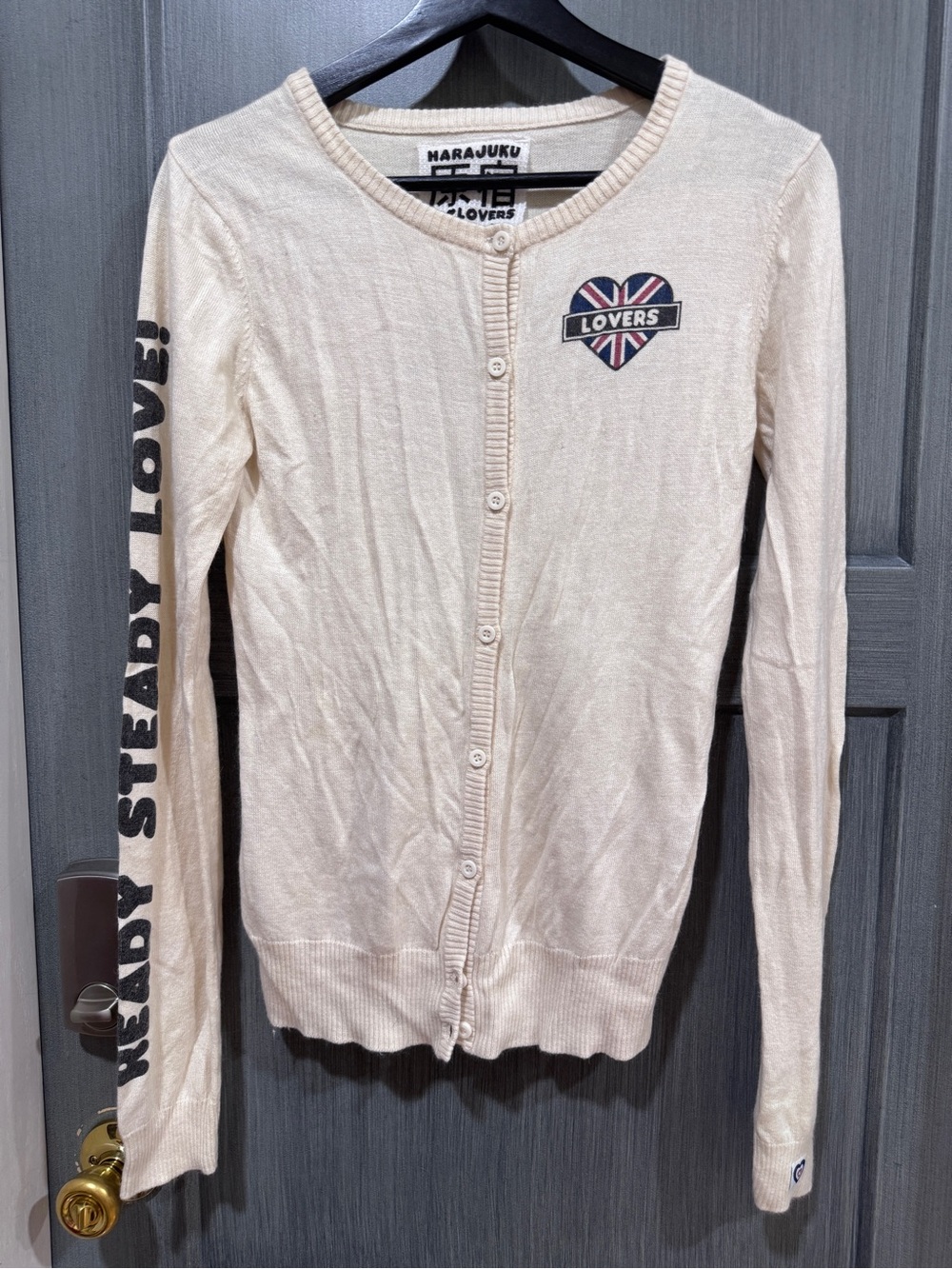Harajuku Lovers Cream Button-Front Cardigan with 'LOVERS' Heart Patch